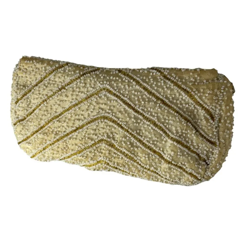 Vintage Ivory Beaded Clutch Purse Evening Bag Chevron Gold Accents